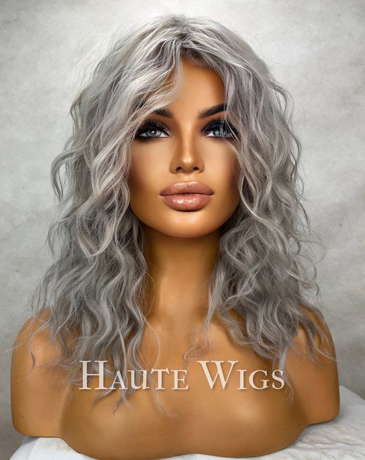 Haute Granny - Wavy 14 inch BOB Platinum White Silver Ash Blonde Wig Side Parting Womens bangs fringe vegan no lace front Ladies Gift