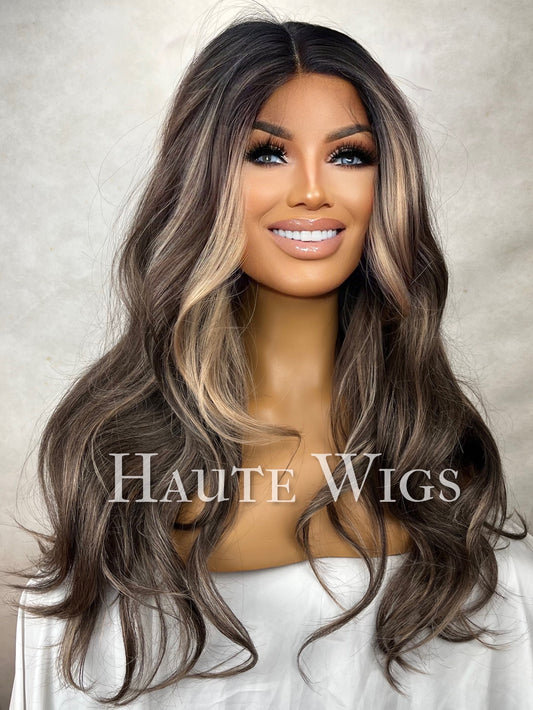 Valencia -  30 Inch Long Womens Wig Dark Brown With Blonde Highlights Streaks Balayage Curly Lace Front Wavy Human Hair Blends Haute Wigs