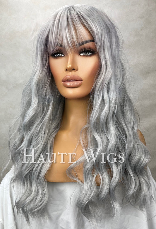 Granny Says - Wavy 22 inch Platinum White Silver Ash Blonde Wig bangs fringe vegan no lace front Ladies Gift wavy haute wigs