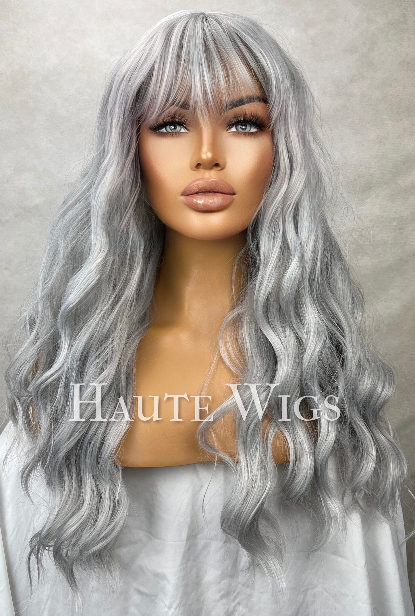 Granny Says - Wavy 22 inch Platinum White Silver Ash Blonde Wig bangs fringe vegan no lace front Ladies Gift wavy haute wigs