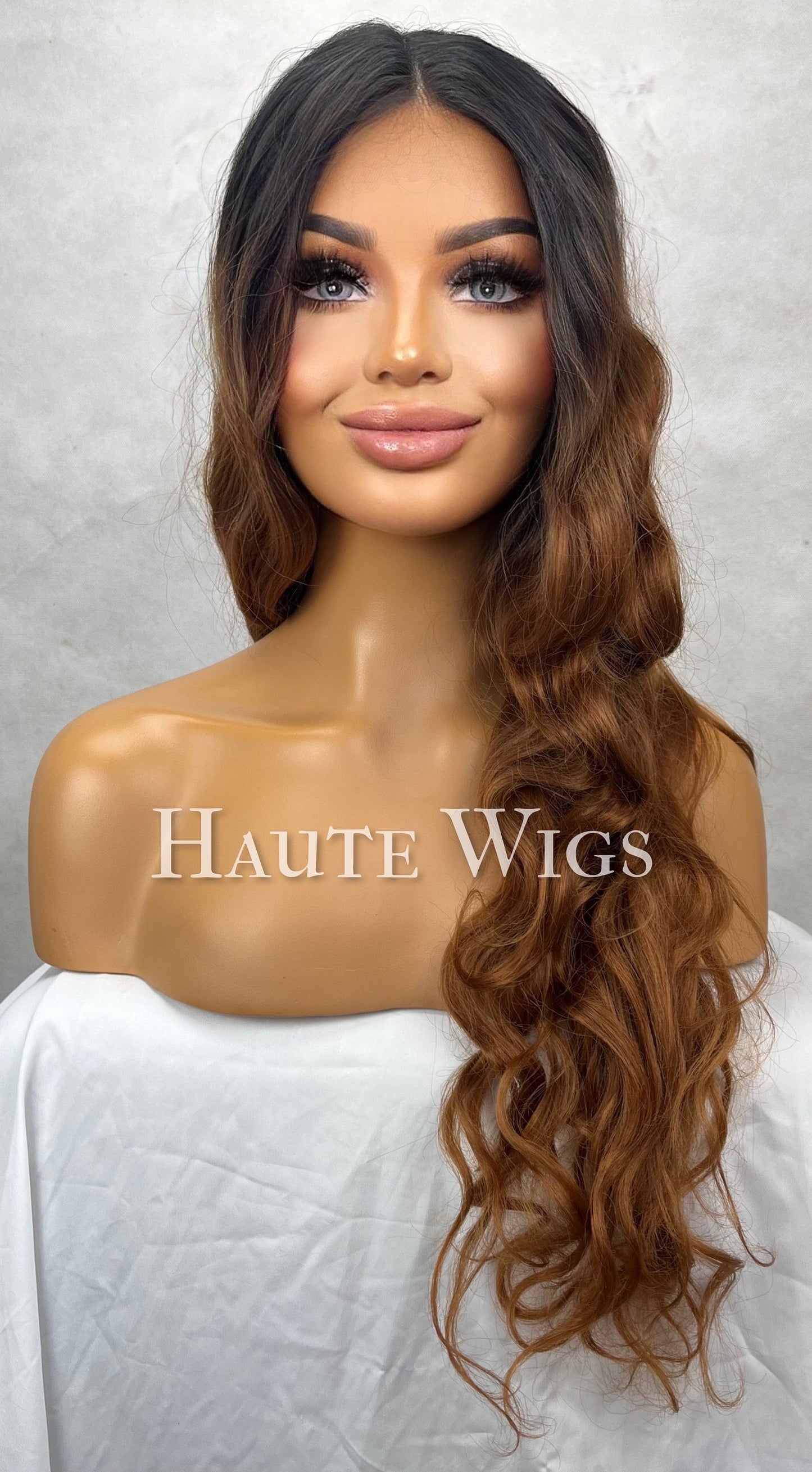 Chiquitita - Brown warm tones dark roots Ombré Curly Wavy Water Waves Wig Lace Front Human Hair Blends Gift For Her Realistic Ladies Womens