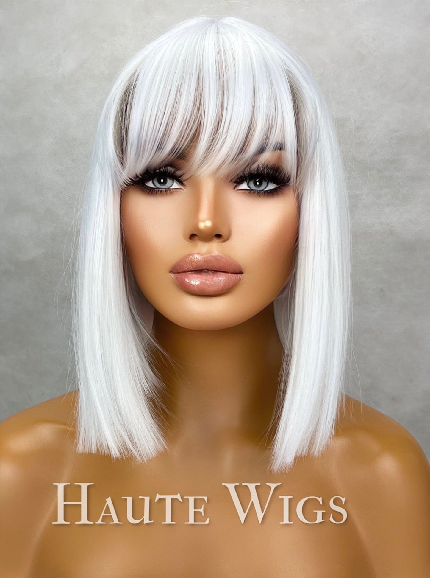 Iced out - Short Ash White Platinum Blonde BOB 14 inch Wig Straight Center Parting Low Density fringe bangs vegan friendly Haute Wigs