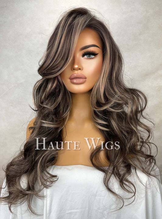 Express Yourself - Free Part BROWN Brunette Wig With blonde Highlights Lowlights Streaks Long wavy Womens Wig Human Hair Blends Lace Front