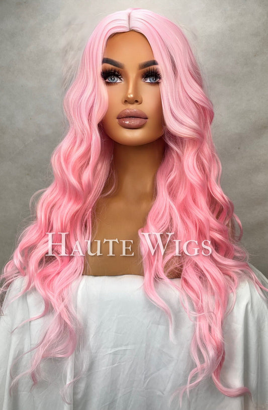 Angelic Cotton Candy Pink Wig vegan Womens Wigs Ladies Wavy Curly Light Pink With no lace front Low Density costume play haute wigs