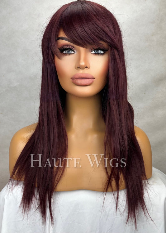 So Burgundy 103 -  20 Inch Maroon Deep Red Wig Long Straight Womens Wig NO Lace Front Haute Wigs Center Parting Realistic