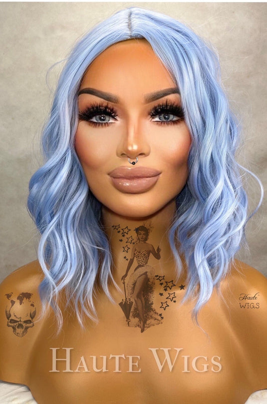 Icy Baby Sky Blue 107 -  12 inch Curly Wavy Light Blue Wig no lace front Synthetic Wig Ladies Womens vegan friendly cute costume haute Wigs