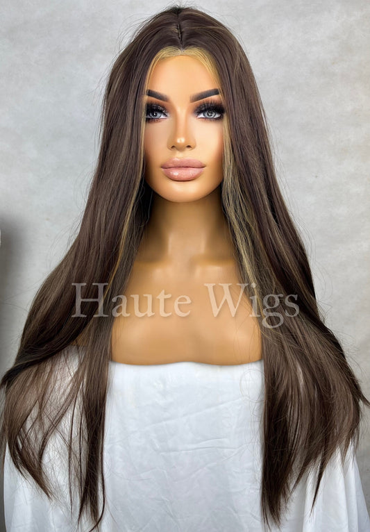 Knightsbridge 26 Inch Long Wig Realistic Brown Brunette Ombre Golden Blonde Highlights Streaks Balayage Straight Small Lace Front Haute Wigs