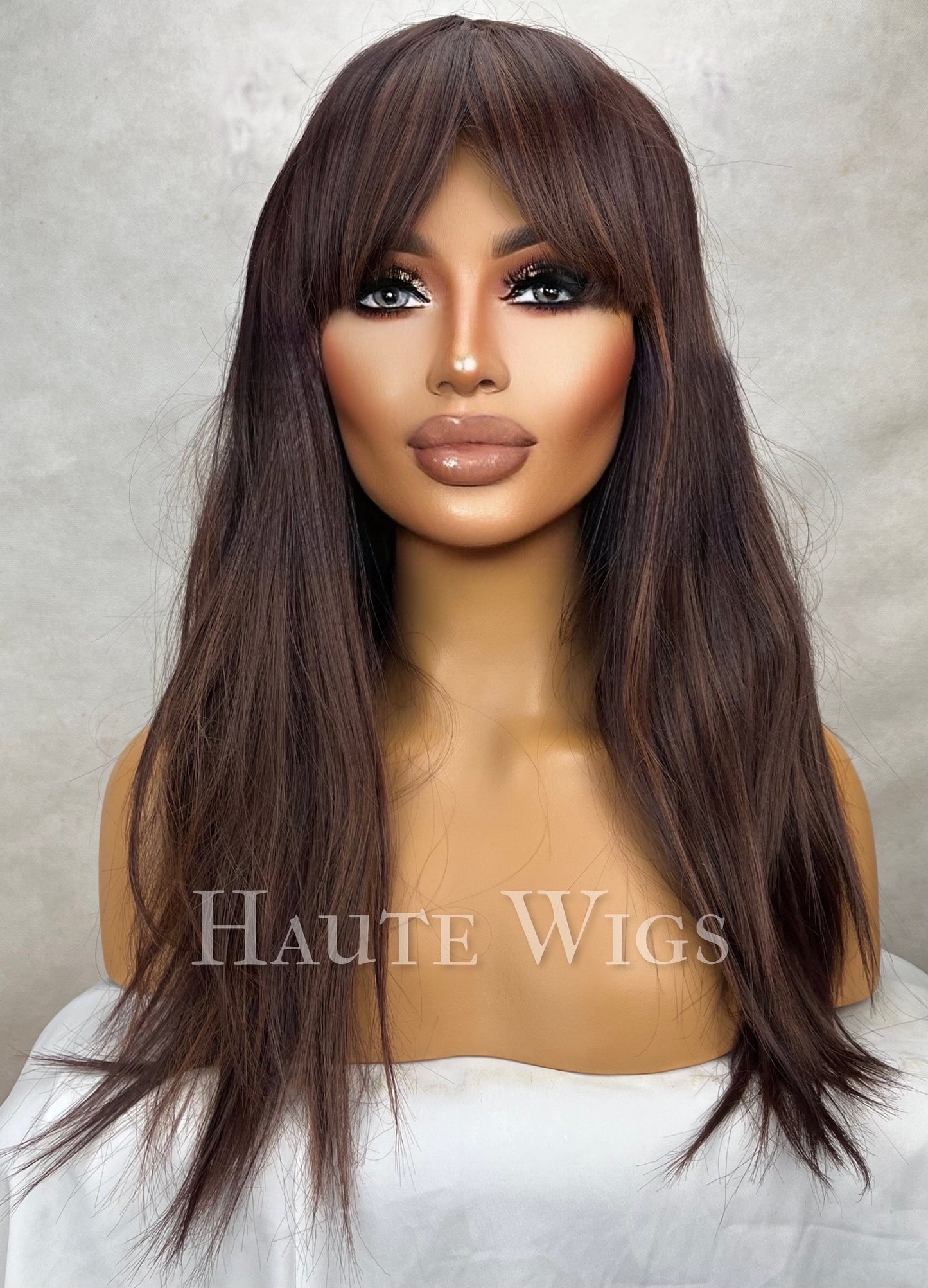 Made Up - 20 inch Brunette Brown Wig Warm Highlights Hair Lace Front Wavy Human Hair synthetic Blends haute wigs gift for her