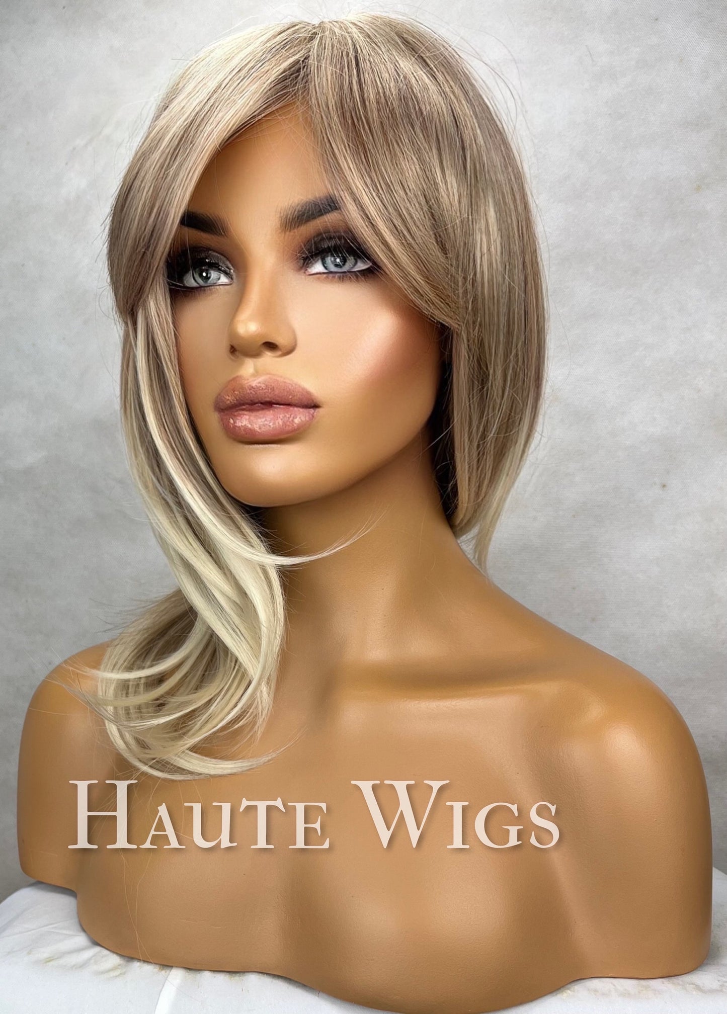 Pearl - blonde ombré ash white 14 Inch Women Short Wig Layered BOB Synthetic Hair Ombre Fringe Bangs Straight Heat Resistant Highlights