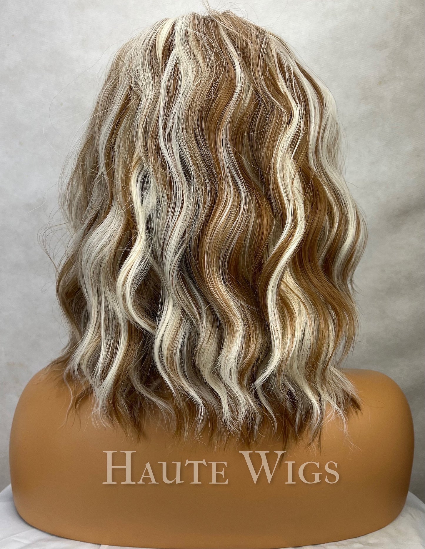 Late 90s - inspired Chunky blonde white highlights light Brown Wig streaks wavy short 14 inch no lace free simulated scalp - haute wigs