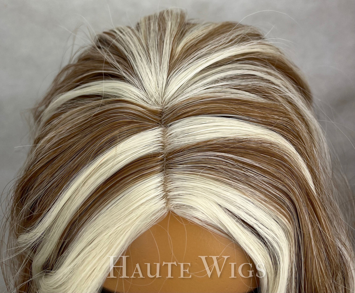 Late 90s - inspired Chunky blonde white highlights light Brown Wig streaks wavy short 14 inch no lace free simulated scalp - haute wigs