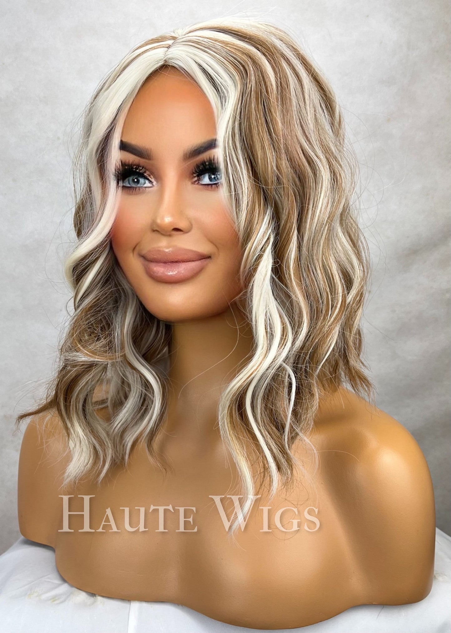 Late 90s - inspired Chunky blonde white highlights light Brown Wig streaks wavy short 14 inch no lace free simulated scalp - haute wigs