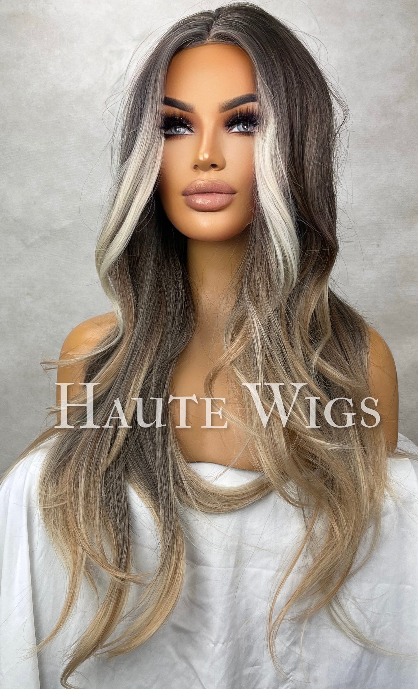 Taboo - Straight Money Piece Brunette Brown Wig Ash Blonde Highlights Hair Lace Front Straight Blonde Streaks Human Hair Blends