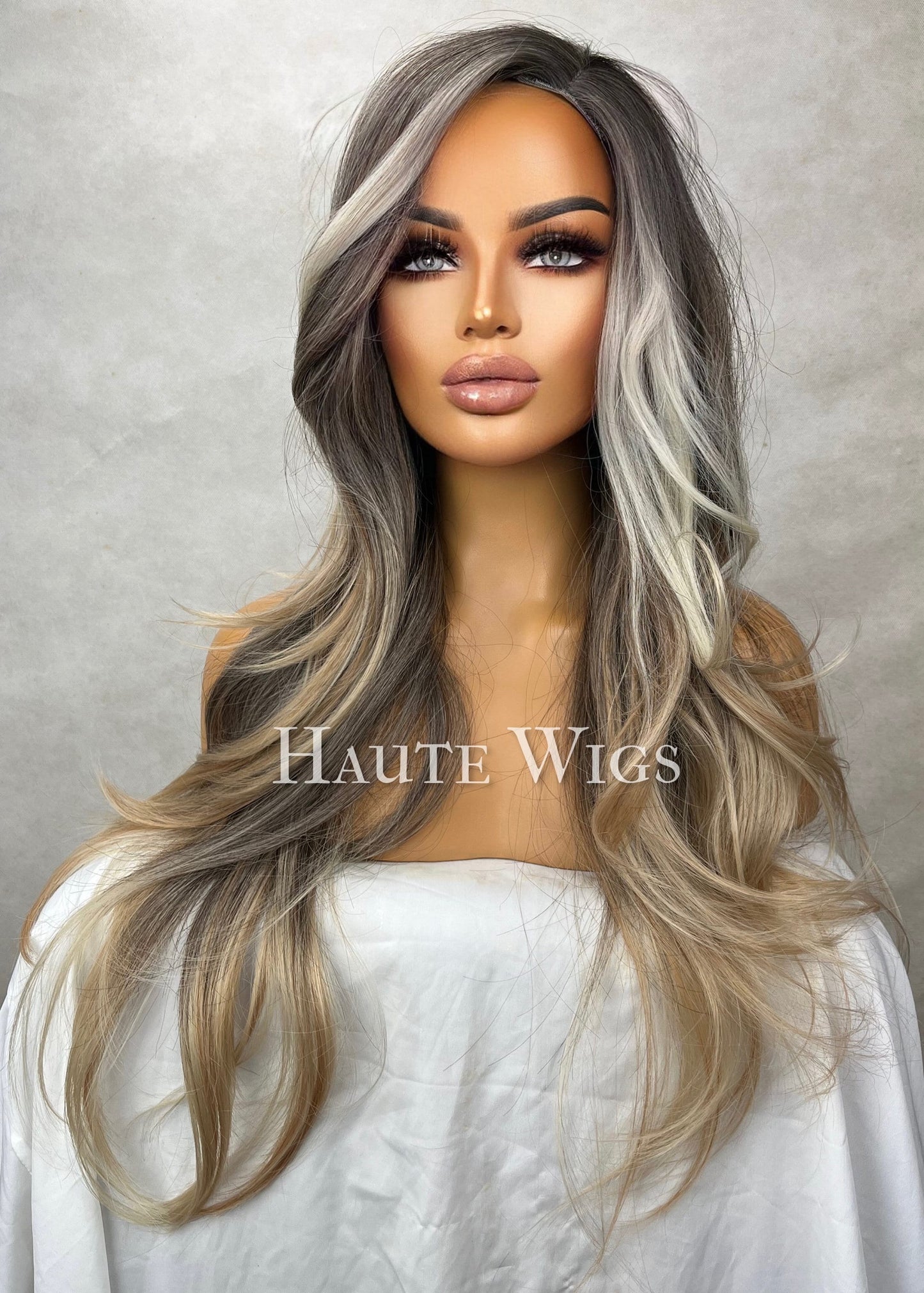 Taboo - Straight Money Piece Brunette Brown Wig Ash Blonde Highlights Hair Lace Front Straight Blonde Streaks Human Hair Blends