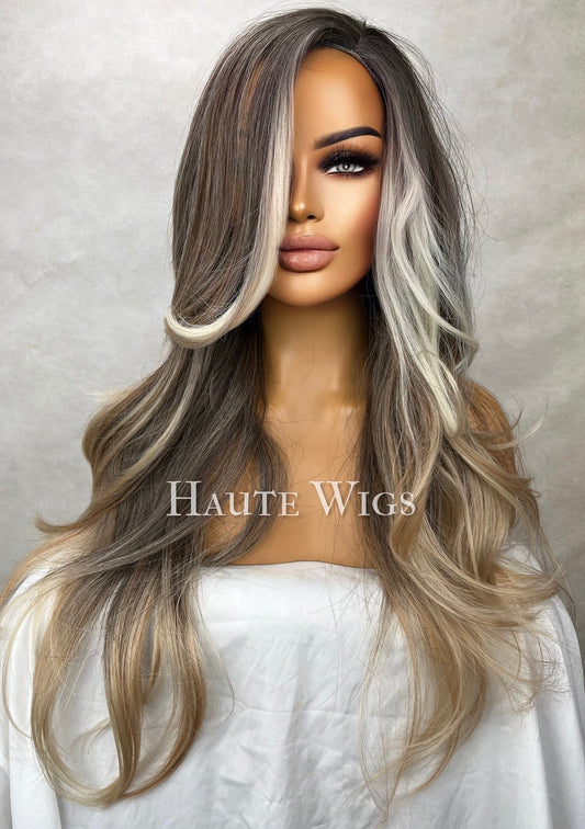 Taboo - Straight Money Piece Brunette Brown Wig Ash Blonde Highlights Hair Lace Front Straight Blonde Streaks Human Hair Blends