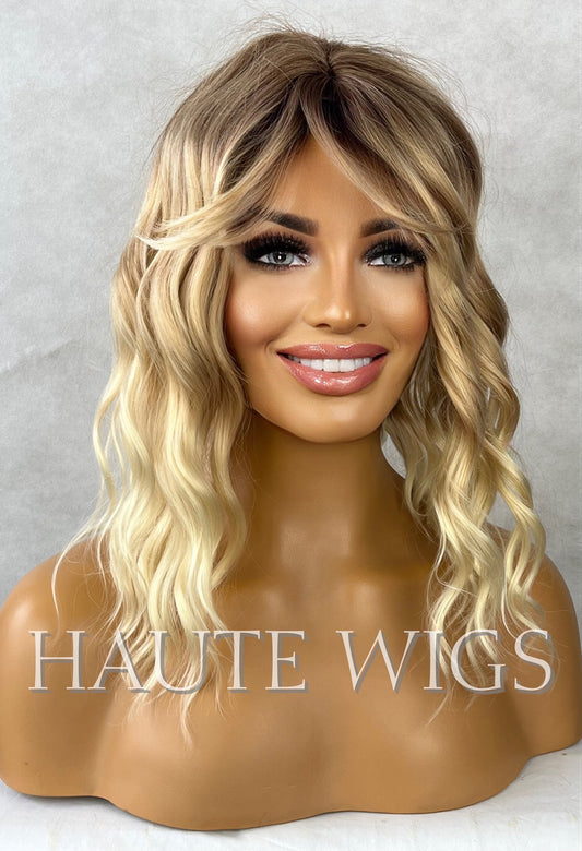 Casey - warm blonde ombré golden 14 Inch Women Short Wig wavy BOB Synthetic Hair Ombre Fringe Bangs Straight Heat Resistant Highlights