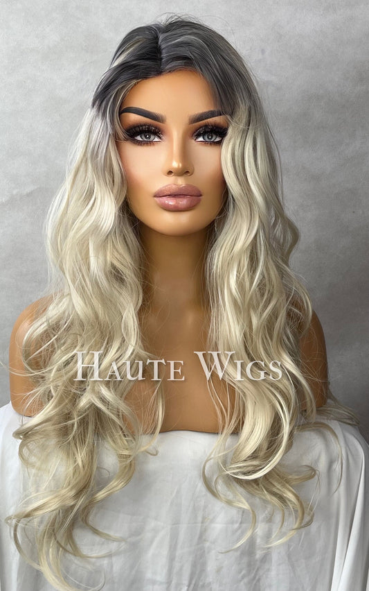 Wild - Ash Platinum Blonde Ombré streaks 22 Inch Long Wig Wavy NO Lace Fringe Bangs Womens Wig pretty Gift for her haute wigs