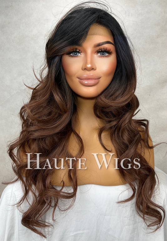 Free Part BROWN Brunette Wig ombre 20 Long Straight Womens Wig Human Hair Blends Lace Front Realistic Amazing wavy haute wigs