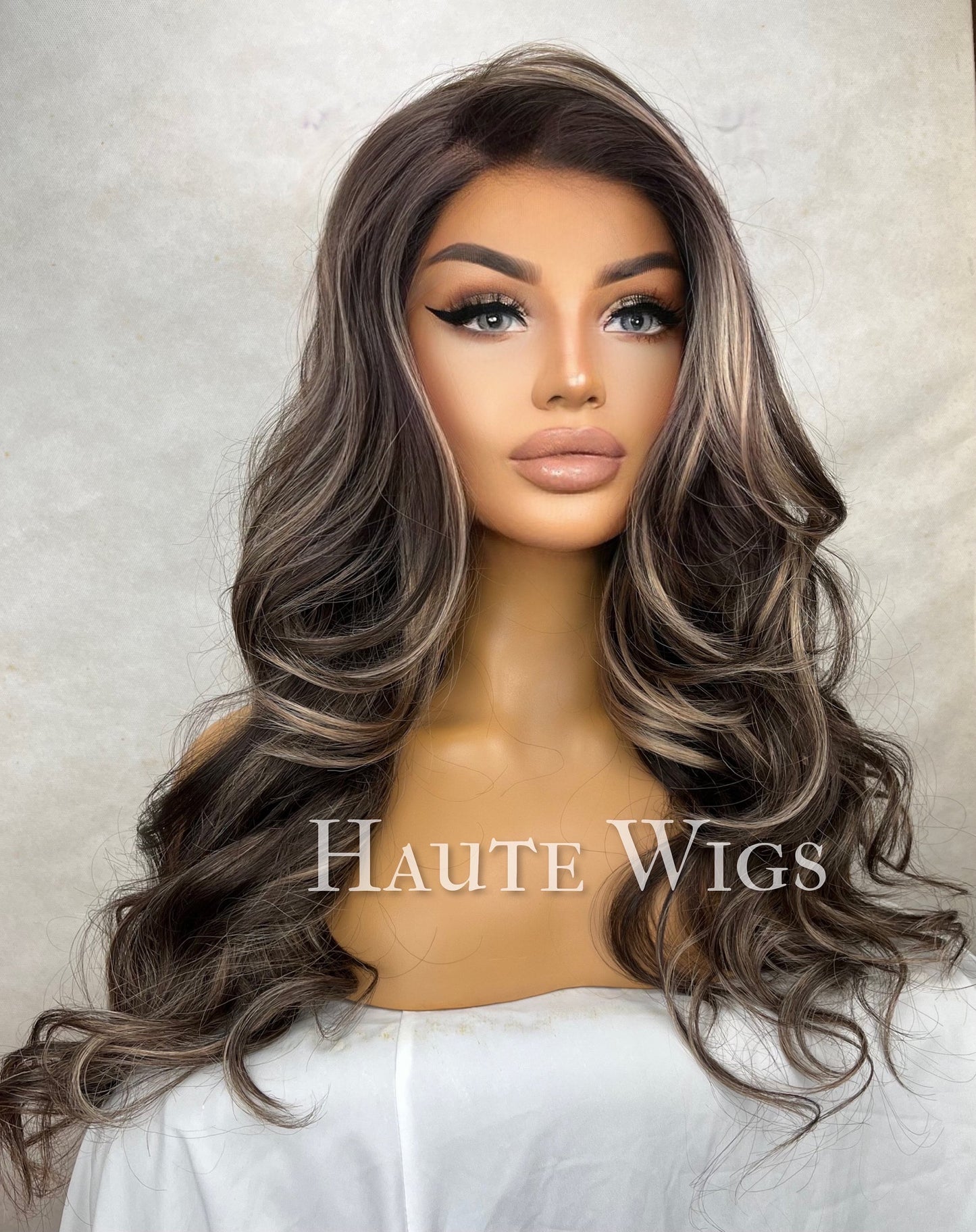 Express Yourself - Free Part BROWN Brunette Wig With blonde Highlights Lowlights Streaks Long wavy Womens Wig Human Hair Blends Lace Front