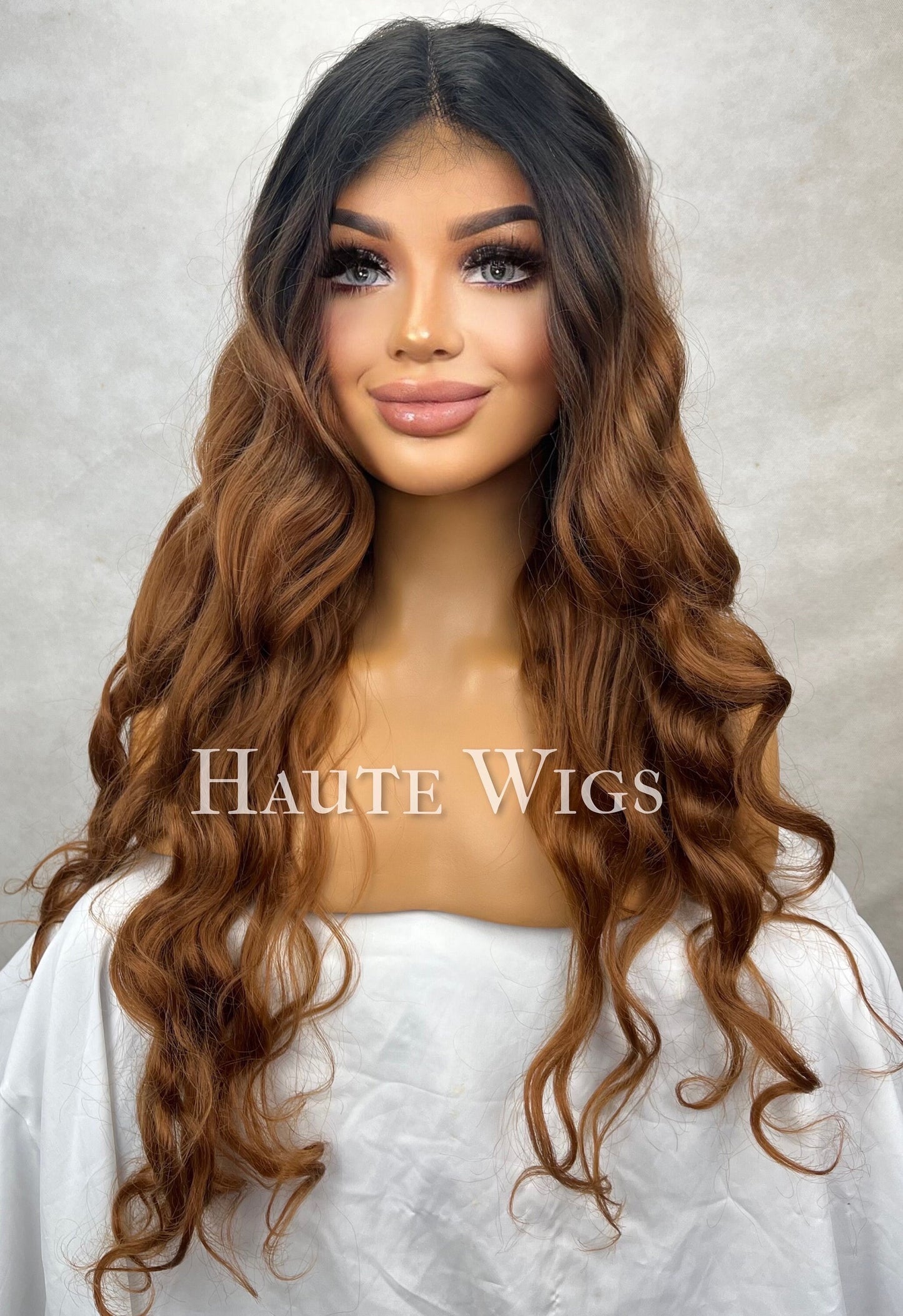 Chiquitita - Brown warm tones dark roots Ombré Curly Wavy Water Waves Wig Lace Front Human Hair Blends Gift For Her Realistic Ladies Womens