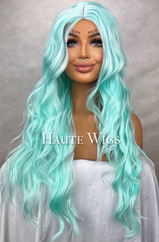 Aqua Mermaid Sea Green Blue Mix Wig With no lace front 32 Inches Long Wavy Curly Synthetic Vegan Womens Ladies Wigs - haute wigs