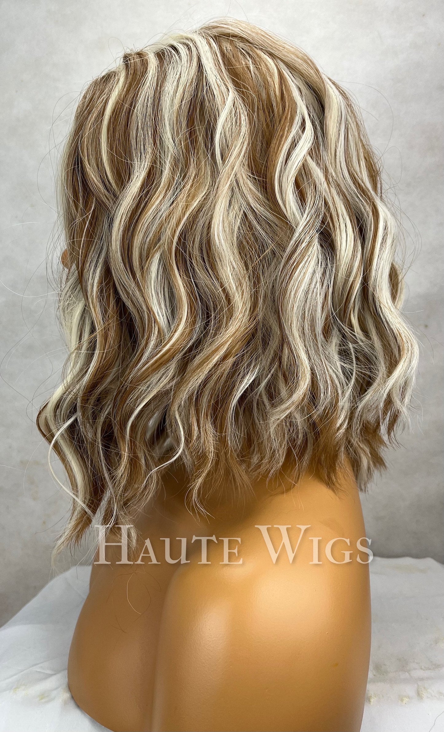 Late 90s - inspired Chunky blonde white highlights light Brown Wig streaks wavy short 14 inch no lace free simulated scalp - haute wigs