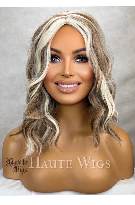 Late 90s - inspired Chunky blonde white highlights light Brown Wig streaks wavy short 14 inch no lace free simulated scalp - haute wigs